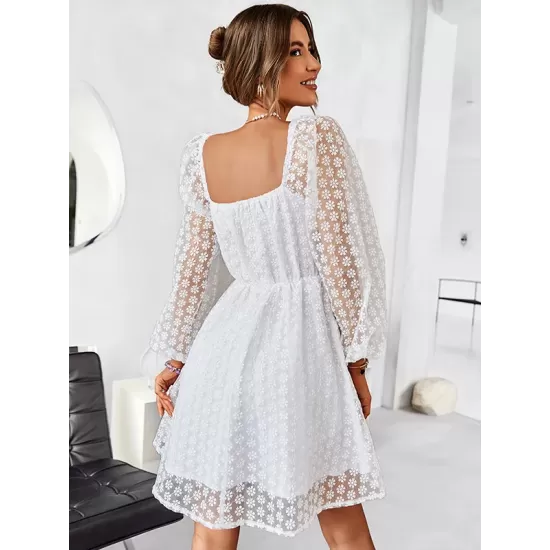 Vacation Puff Sleeves A-Line Solid V-Neck Dress