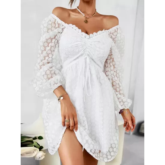 Vacation Puff Sleeves A-Line Solid V-Neck Dress