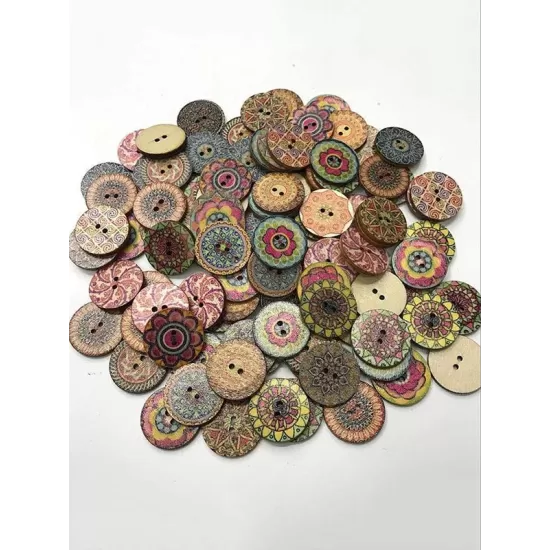 About 100Pcs Multi-Color Wooden Round Sewing Buttons For DIY Craft Decoration