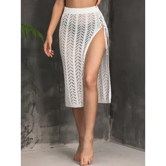 Knitted Solid Color Hollow See-Through Split-Side Cover-Up Swimwear