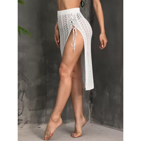 Knitted Solid Color Hollow See-Through Split-Side Cover-Up Swimwear