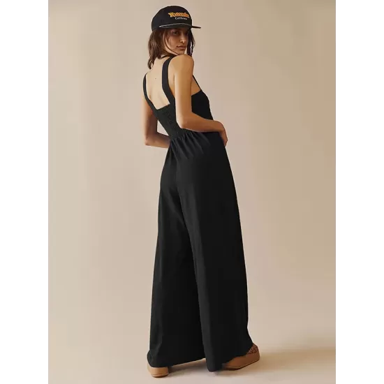 4 Colors Urban High Waisted Wide Leg Solid Color Jumpsuits Bottom