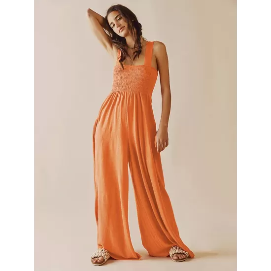 4 Colors Urban High Waisted Wide Leg Solid Color Jumpsuits Bottom