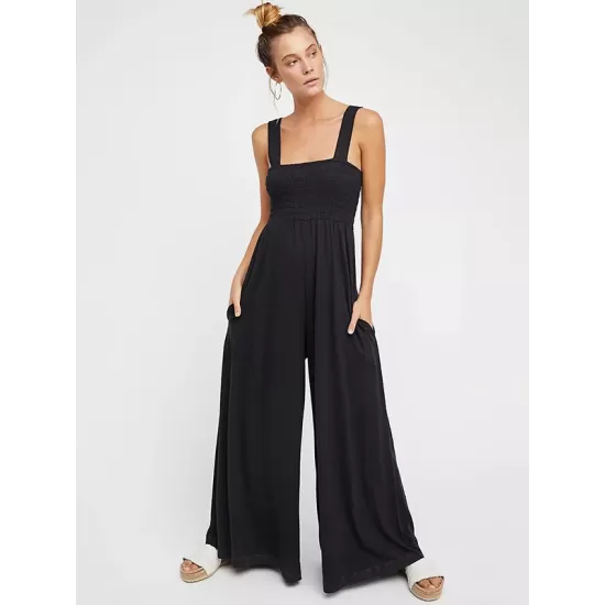 4 Colors Urban High Waisted Wide Leg Solid Color Jumpsuits Bottom