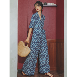 Vacation Loose Floral Printed Lapel Collar Jumpsuit