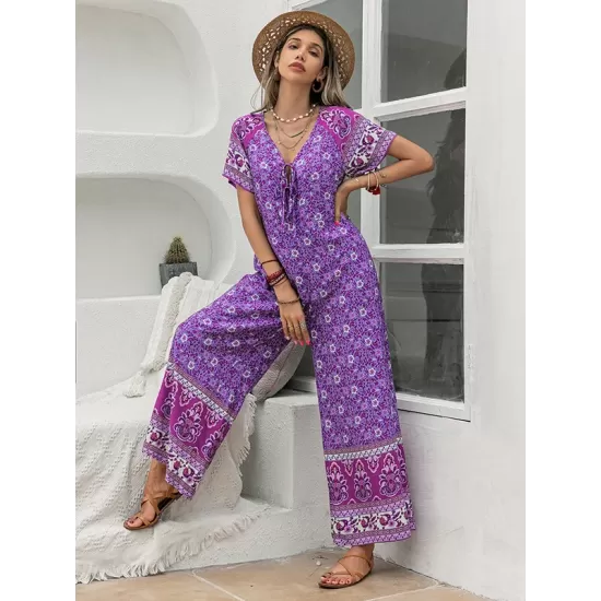 Bohemia Half Sleeves Loose Floral Printed V-Neck Jumpsuit