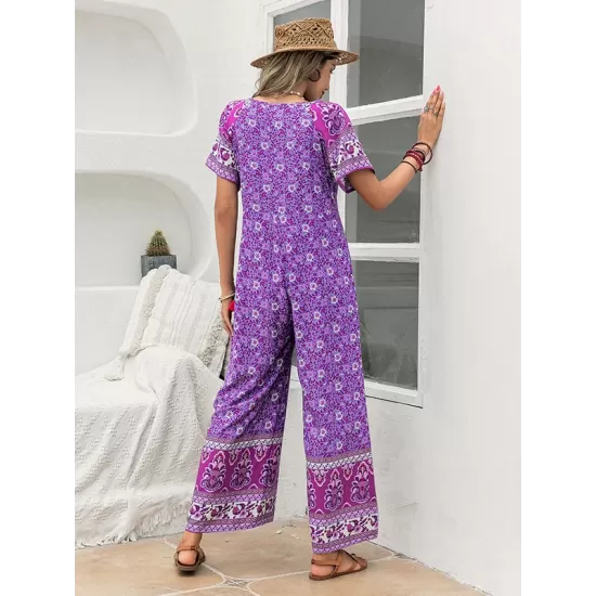 Bohemia Half Sleeves Loose Floral Printed V-Neck Jumpsuit