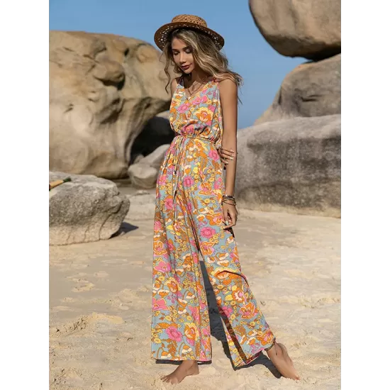 Bohemia Loose Sleeveless Floral Printed V-Neck Jumpsuit