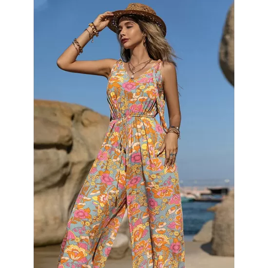 Bohemia Loose Sleeveless Floral Printed V-Neck Jumpsuit