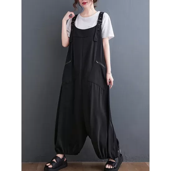 Loose Oversize Solid Color Zipper Jumpsuits Bottoms