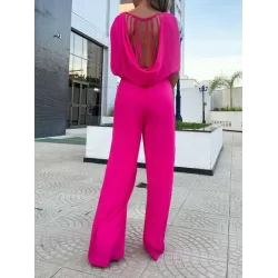 Backless Hollow Solid Color High-Low Wide Leg Round-Neck Jumpsuits Bottoms