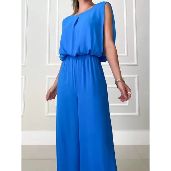 Backless Hollow Solid Color High-Low Wide Leg Round-Neck Jumpsuits Bottoms