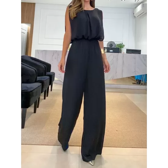 Backless Hollow Solid Color High-Low Wide Leg Round-Neck Jumpsuits Bottoms