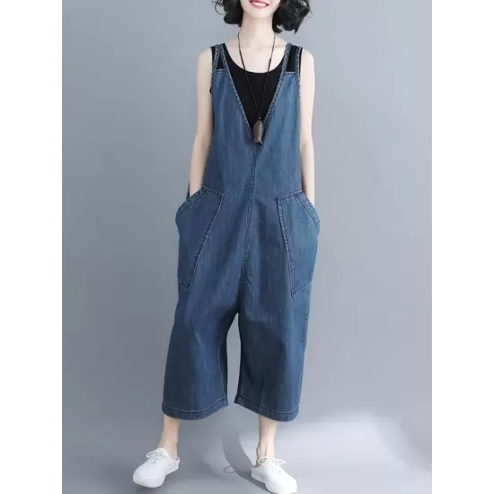 Comfortable V-neck Jeans Jumpsuit