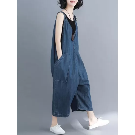 Comfortable V-neck Jeans Jumpsuit