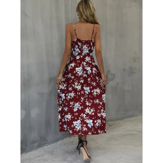 Vacation Sleeveless Floral Printed Backless V-Neck Dress