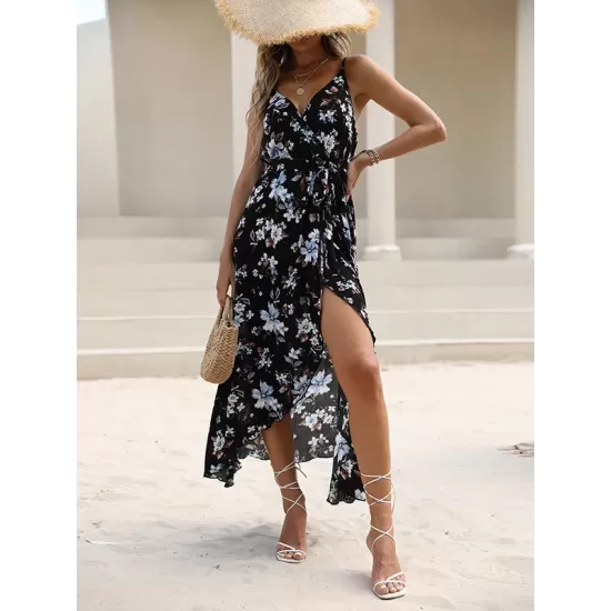 Vacation Sleeveless Floral Printed Backless V-Neck Dress