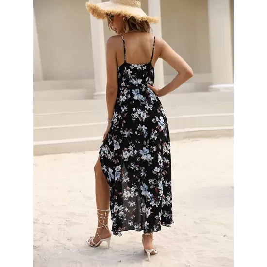 Vacation Sleeveless Floral Printed Backless V-Neck Dress