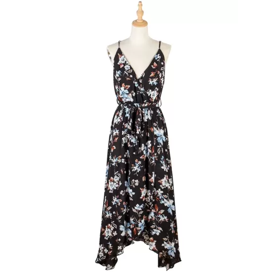 Vacation Sleeveless Floral Printed Backless V-Neck Dress