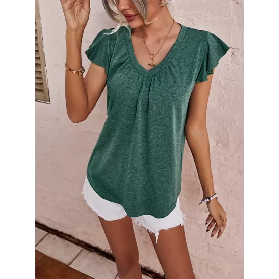 Vacation Loose Solid Color V-Neck T-Shirt