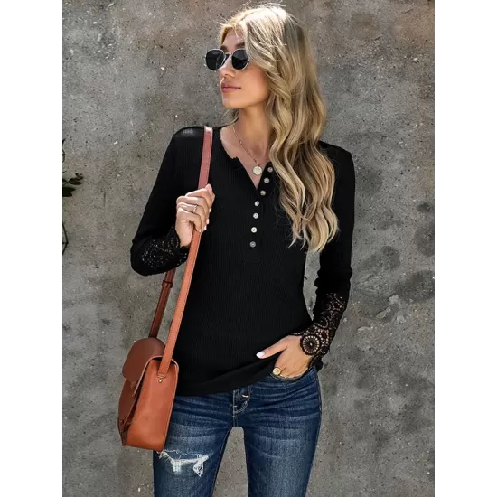 Casual Loose Buckle Solid Deep V-Neck Shirts Top