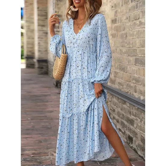 Vacation Puff Sleeves Floral Printed V-Neck Dress