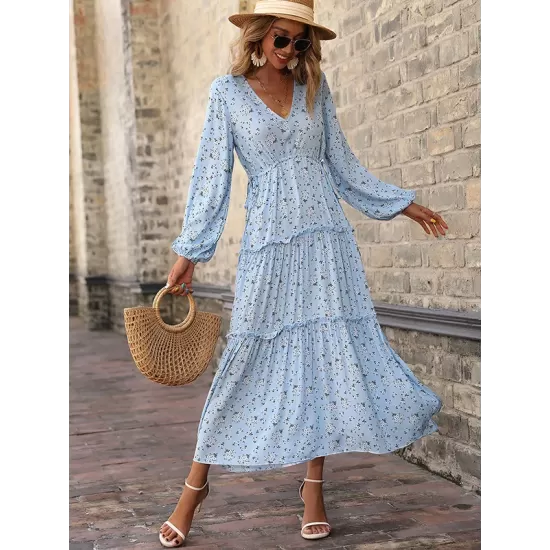 Vacation Puff Sleeves Floral Printed V-Neck Dress