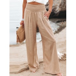 Simple Casual Solid Color Ramie Cotton Wide Legs Pants