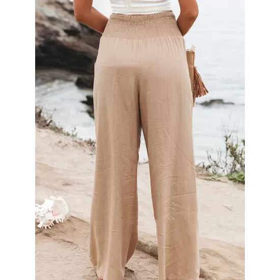 Simple Casual Solid Color Ramie Cotton Wide Legs Pants