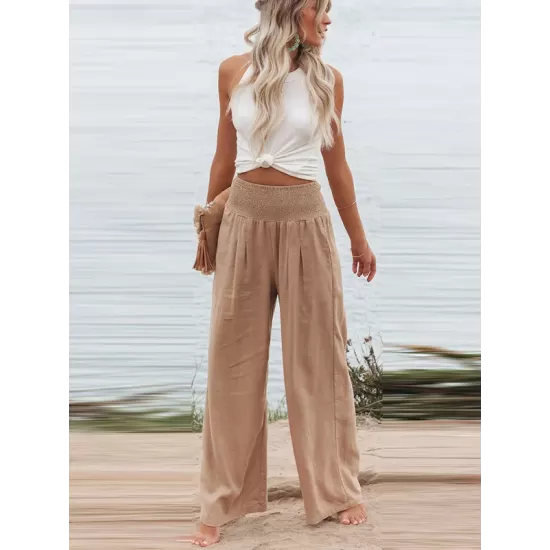 Simple Casual Solid Color Ramie Cotton Wide Legs Pants