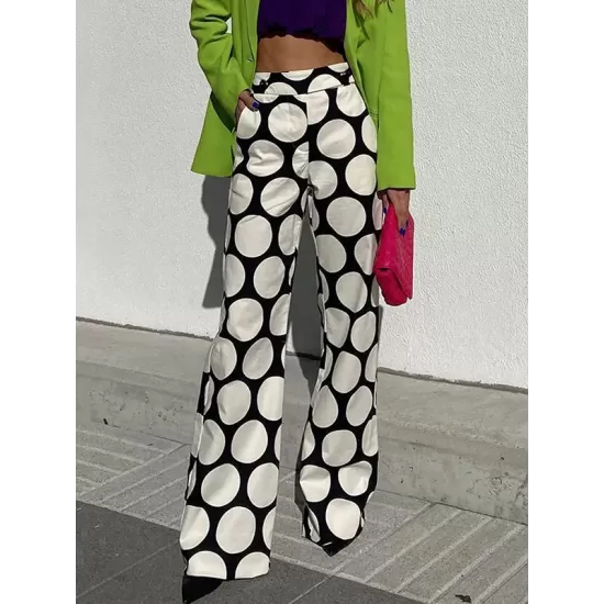 Original Contrast Color Polka-Dot Printed Wide Leg Pants