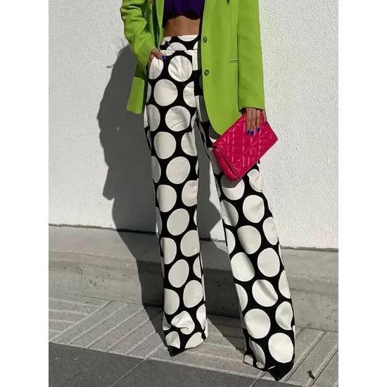 Original Contrast Color Polka-Dot Printed Wide Leg Pants