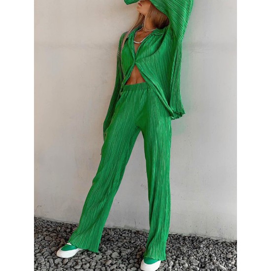 Loose Solid Color Pleated Blouse&Wide Legs Pants 2 Pieces Set