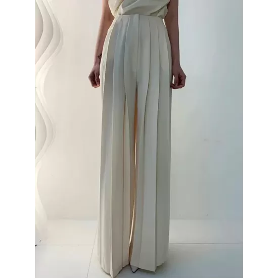 Urban Solid Color Pleats High Waisted Wide Leg Pants