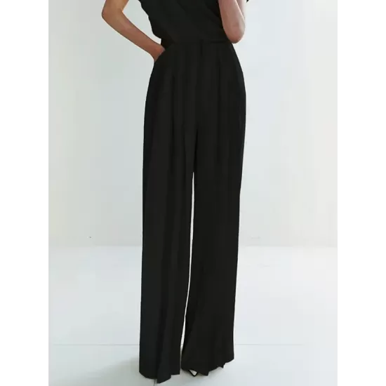 Urban Solid Color Pleats High Waisted Wide Leg Pants