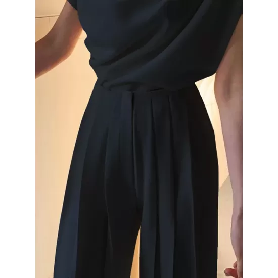 Urban Solid Color Pleats High Waisted Wide Leg Pants