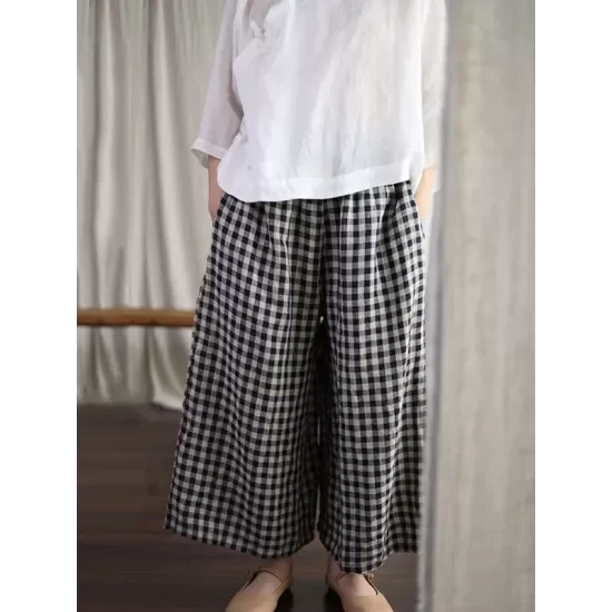 Artistic Retro Linen Loose Wide Legs Plaid Drawstring Pants