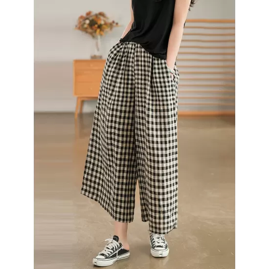 Artistic Retro Linen Loose Wide Legs Plaid Drawstring Pants