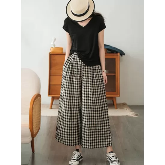 Artistic Retro Linen Loose Wide Legs Plaid Drawstring Pants