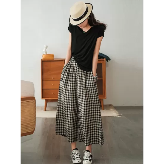 Artistic Retro Linen Loose Wide Legs Plaid Drawstring Pants