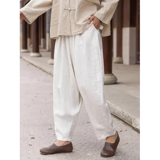 Simple Casual Loose Solid Color Ramie Cotton Pants