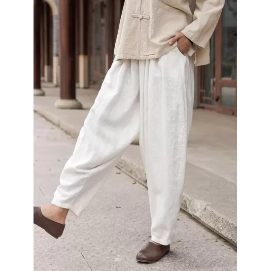 Simple Casual Loose Solid Color Ramie Cotton Pants