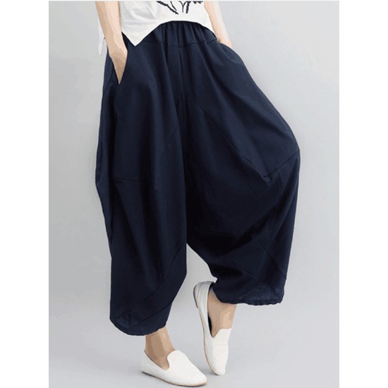 Artistic Retro Ramie Cotton Solid Color Elasticity Harem Pants