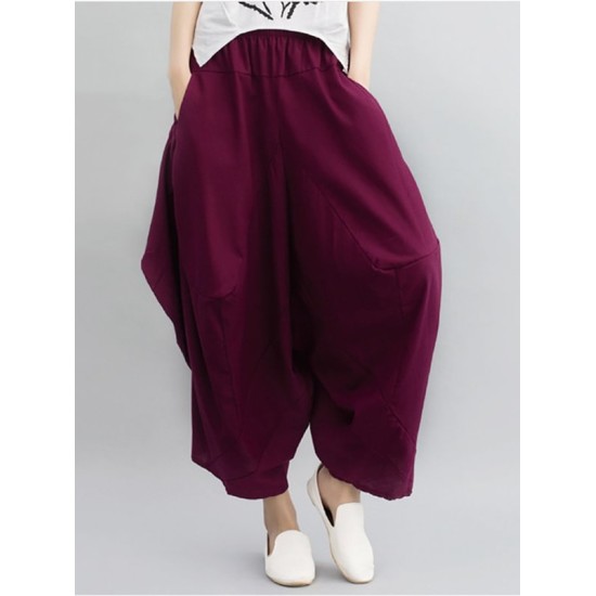 Artistic Retro Ramie Cotton Solid Color Elasticity Harem Pants