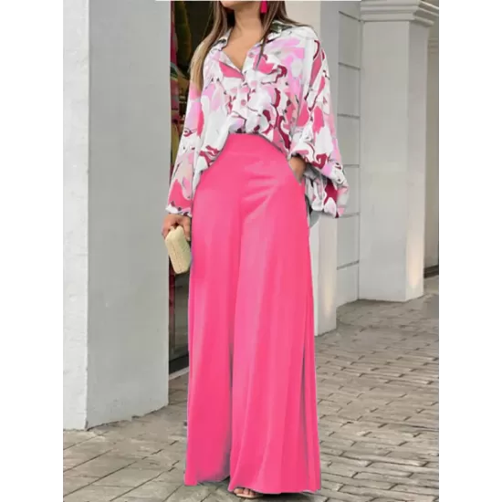 Original Contrast Color Blouse&Solid Wide Legs Pants 2 Pieces Set