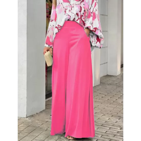 Original Contrast Color Blouse&Solid Wide Legs Pants 2 Pieces Set