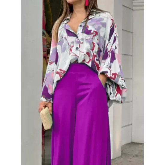 Original Contrast Color Blouse&Solid Wide Legs Pants 2 Pieces Set