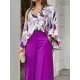 Original Contrast Color Blouse&Solid Wide Legs Pants 2 Pieces Set