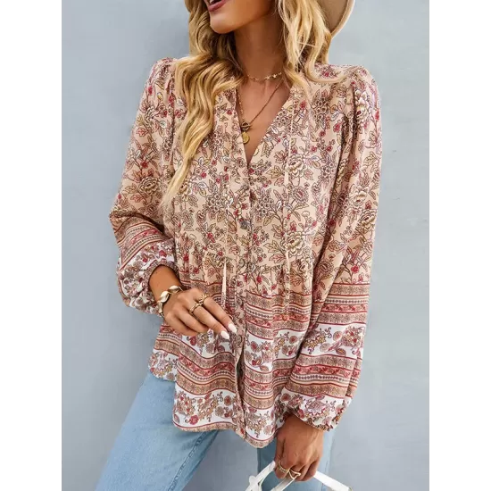 Long Sleeve Button Floral Blouse