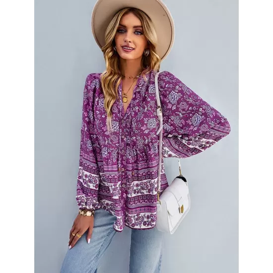 Long Sleeve Button Floral Blouse